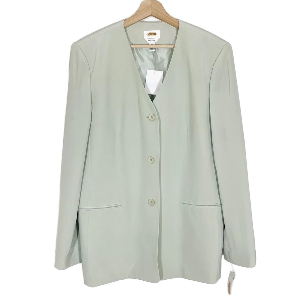 NWT Talbots Pure Silk Blazer Jacket 3 Button Long Sleeves Green Sz 16
